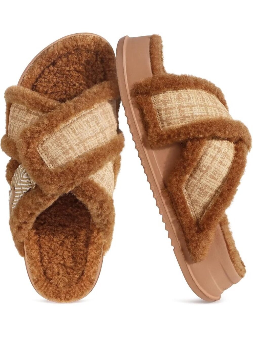 Women's Khaki Fuzzy Cross Band Platform Slippers Comfortable Indoor Outdoor